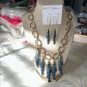 Betsey Johnson Gold Necklace with Blue Accents with Earrings